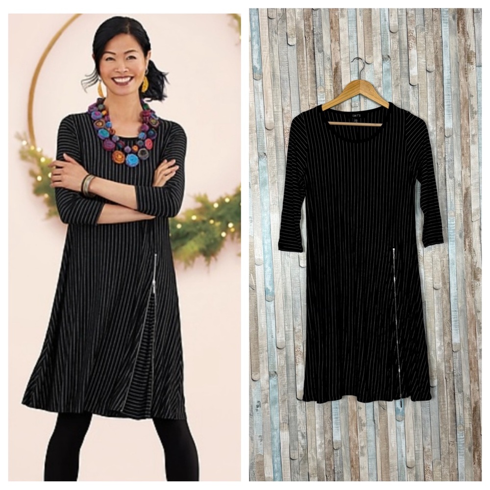 Comfy USA XS Black Striped Milan Dress Zipper Jersey Knit Tunic Lagenlook Artsy